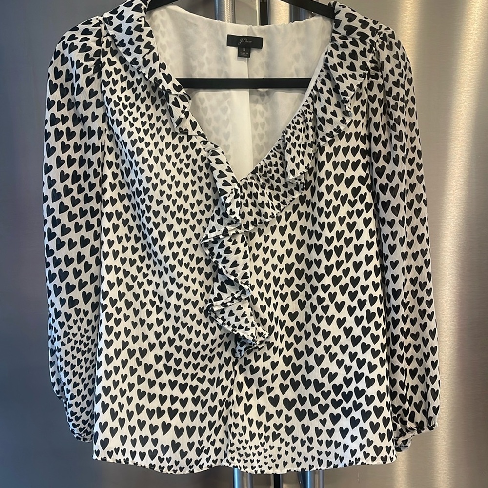 J Crew Size Small Blouse Black Heart Print Valentines Day Ruffle Puff Sleeve